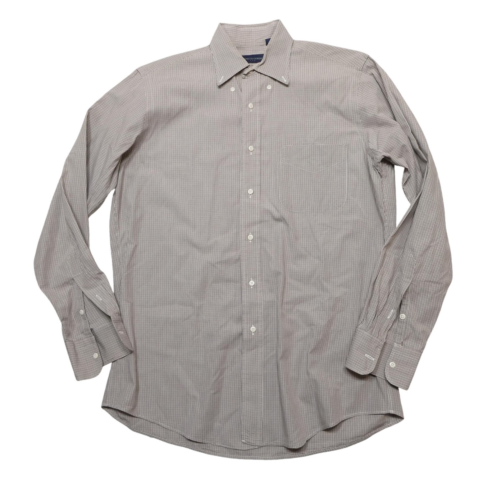 Kenneth Gordon Shirt Mens 15-34 Brown Check 100% Cotton Dress Long Sleeve